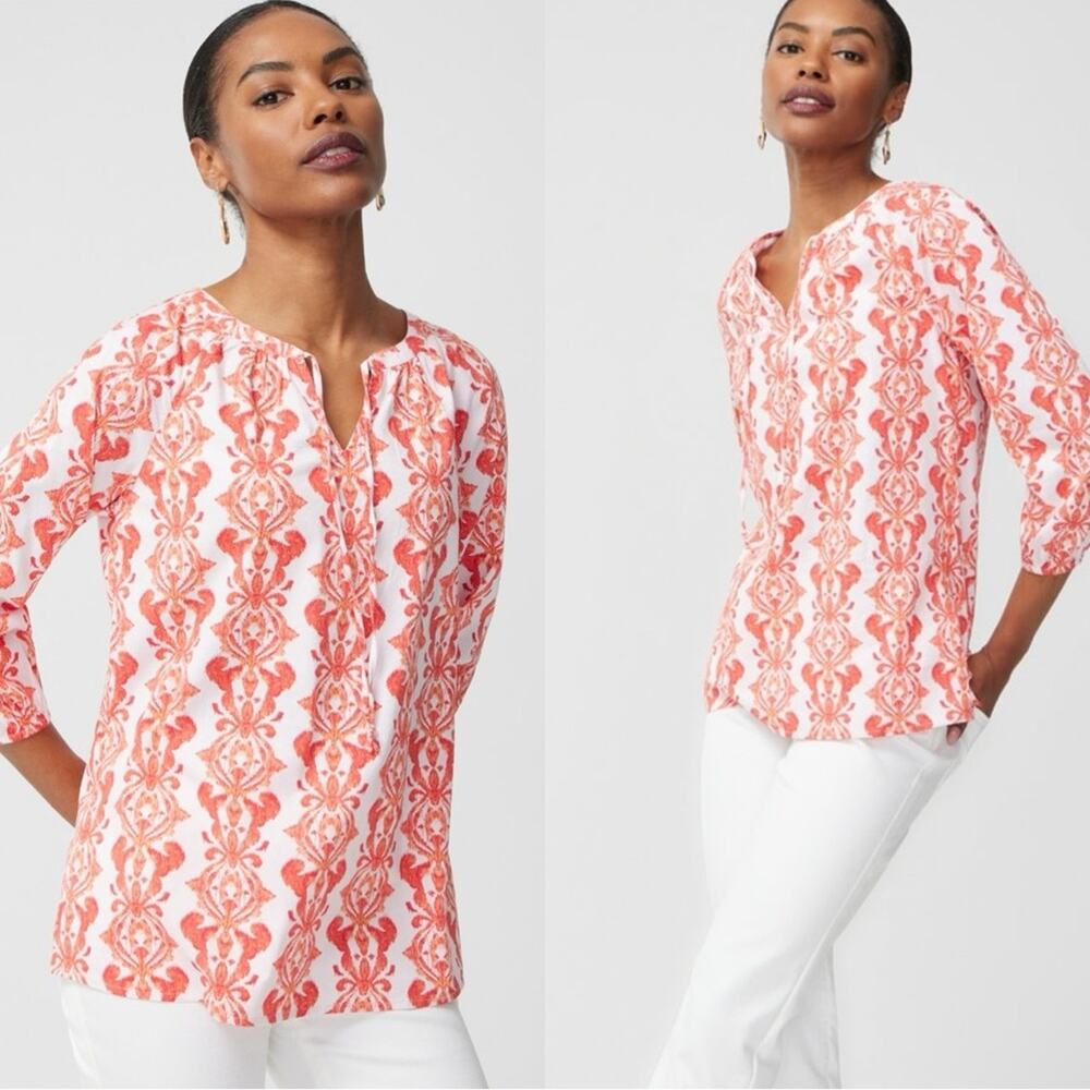 CHICO’S Tunic Size Large Contrast Medallion Feminine Popover Top Stretch Cotton
